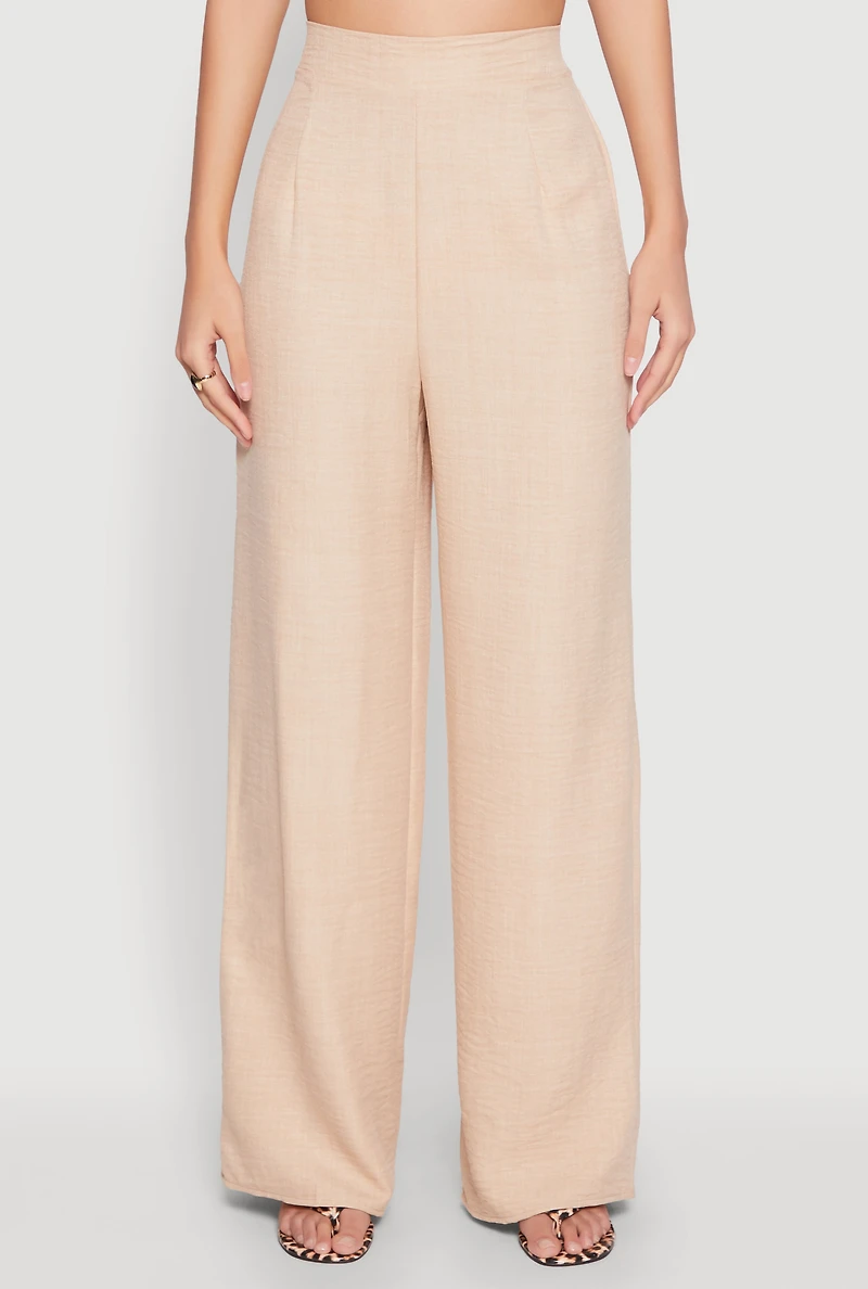 Womens Linen High Waisted Wide Leg Pants, Beige, Size M