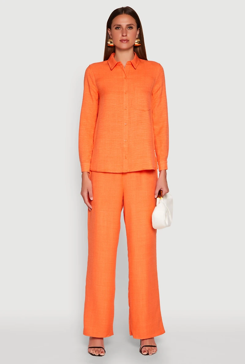 Womens Linen High Waisted Wide Leg Pants, Orange, Size S