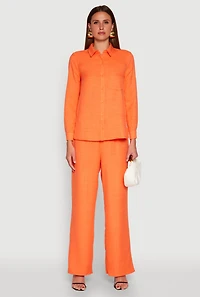 Womens Linen High Waisted Wide Leg Pants, Orange, Size S