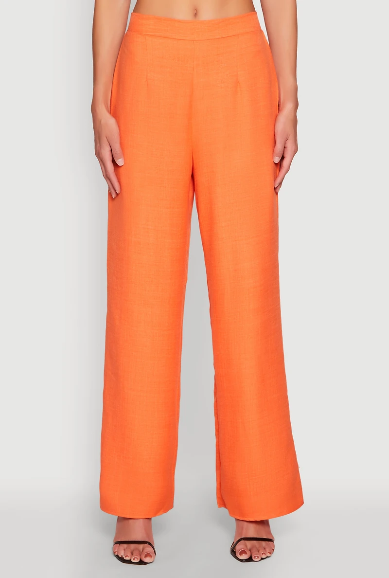 Womens Linen High Waisted Wide Leg Pants, Orange, Size S