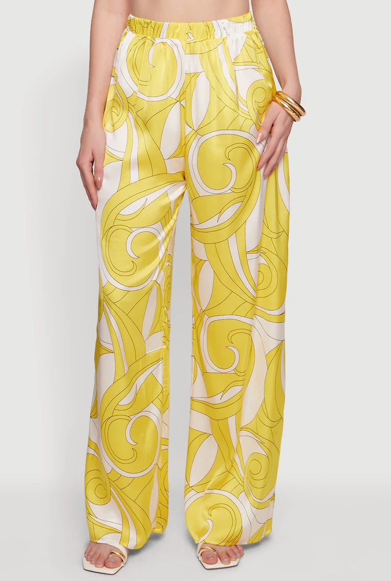 Satin Printed Patterned Wide Leg Casual Pants
