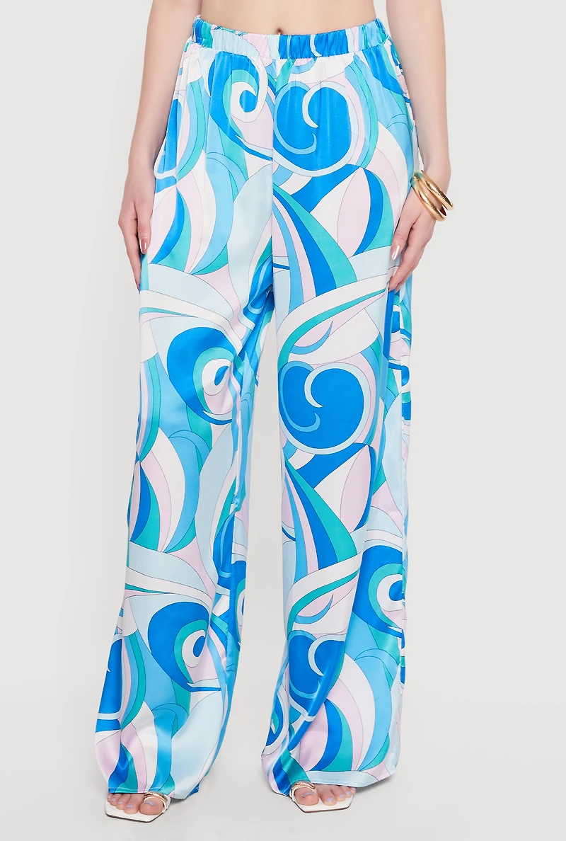 Satin Printed Patterned Wide Leg Casual Pants