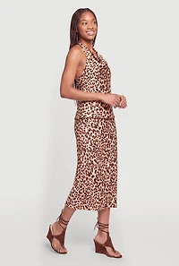 Leopard Print Satin Midi Skirt