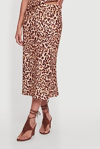 Leopard Print Satin Midi Skirt
