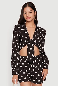 Polka Dot Long Sleeve Tie Front Cropped Shirt