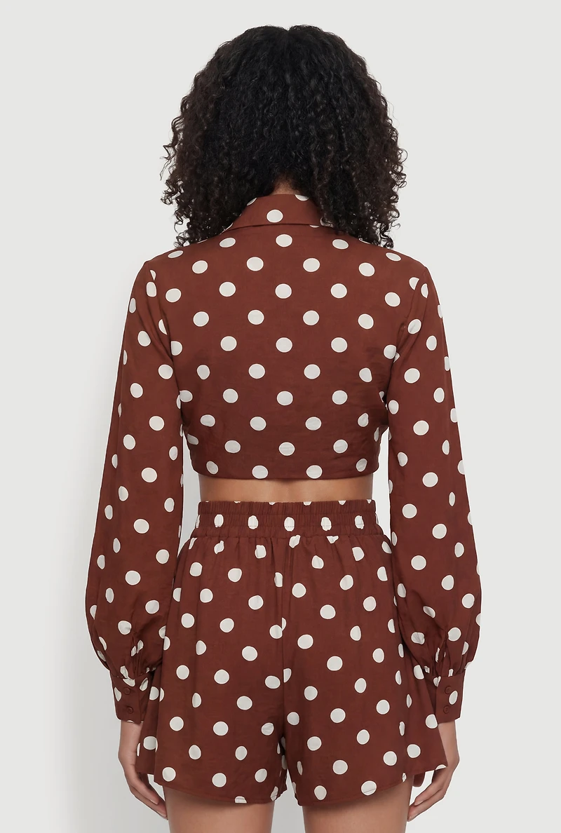Polka Dot Long Sleeve Tie Front Cropped Shirt