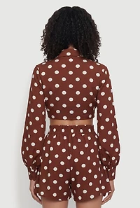 Polka Dot Long Sleeve Tie Front Cropped Shirt