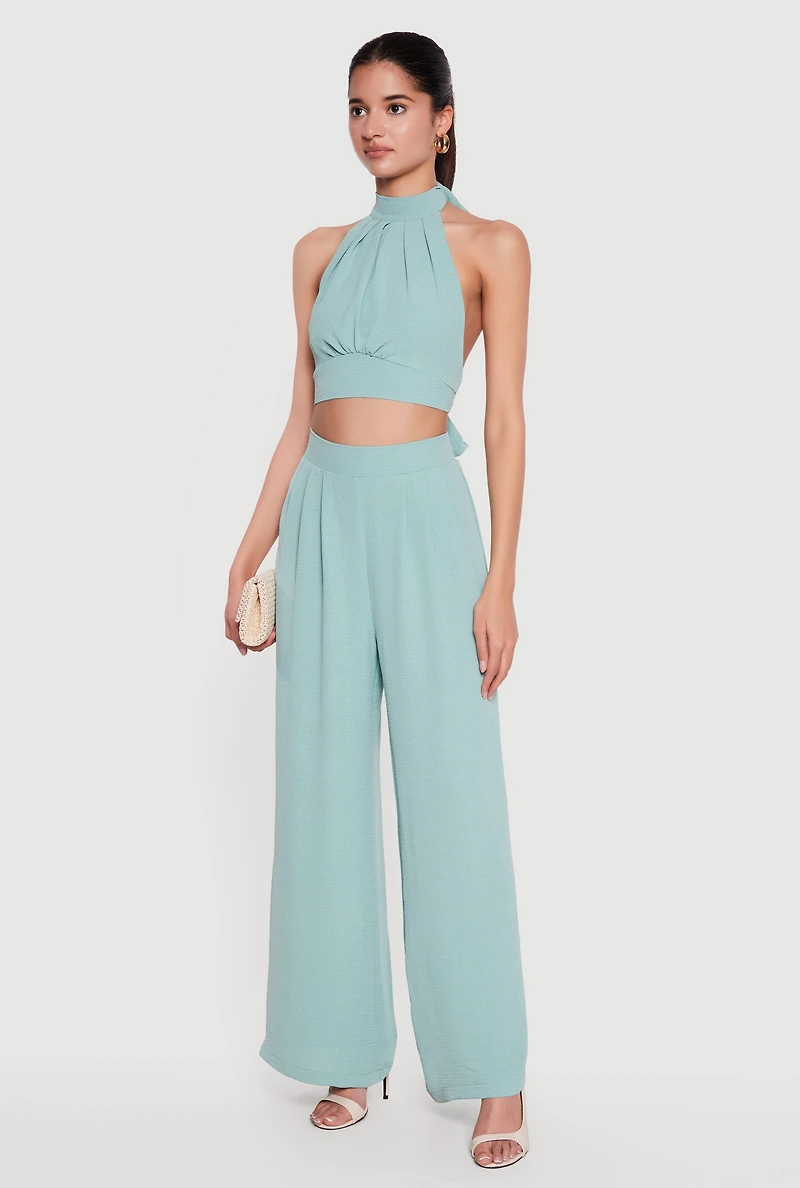 Airy Crepe Knit Pleated Wide Leg Dress Pants