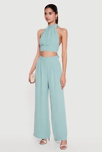 Airy Crepe Knit Pleated Wide Leg Dress Pants