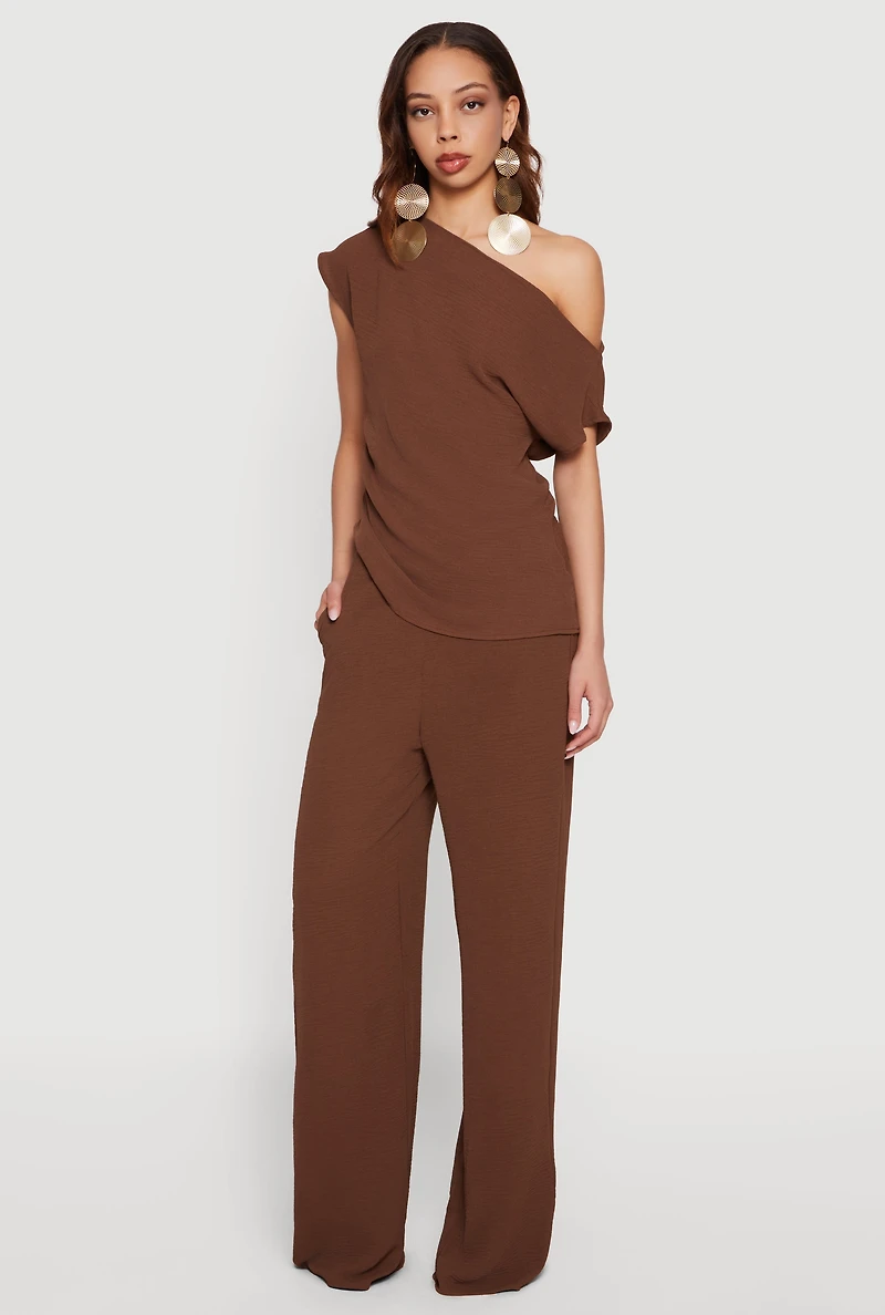 Side Ruched One Shoulder Crepe Knit Blouse