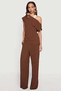 Side Ruched One Shoulder Crepe Knit Blouse