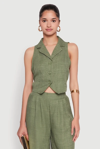 Womens Collared Button Front Cropped Blazer Vest, Green, Size L