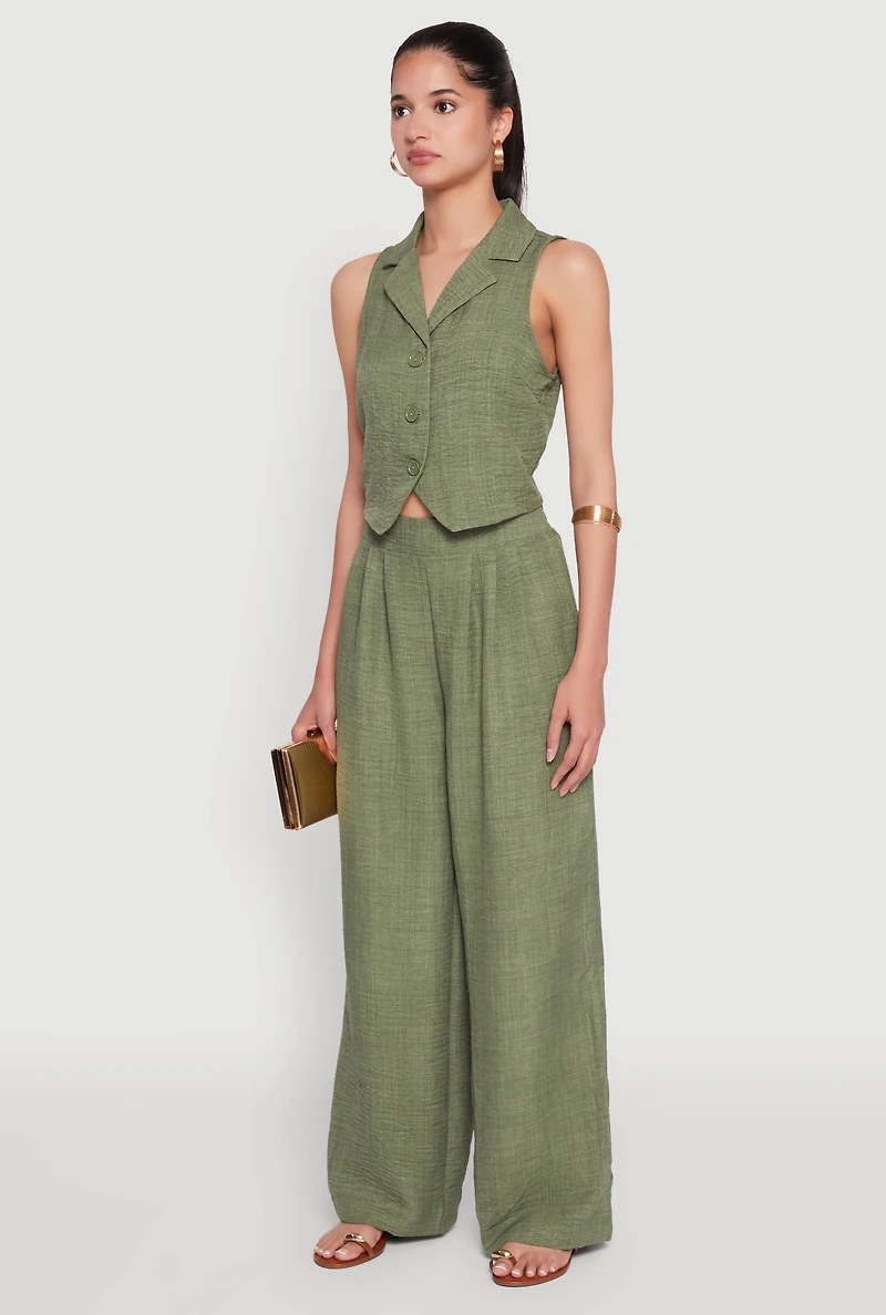 Womens Collared Button Front Cropped Blazer Vest, Green, Size L