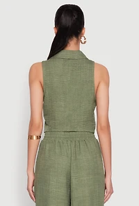 Womens Collared Button Front Cropped Blazer Vest, Green,