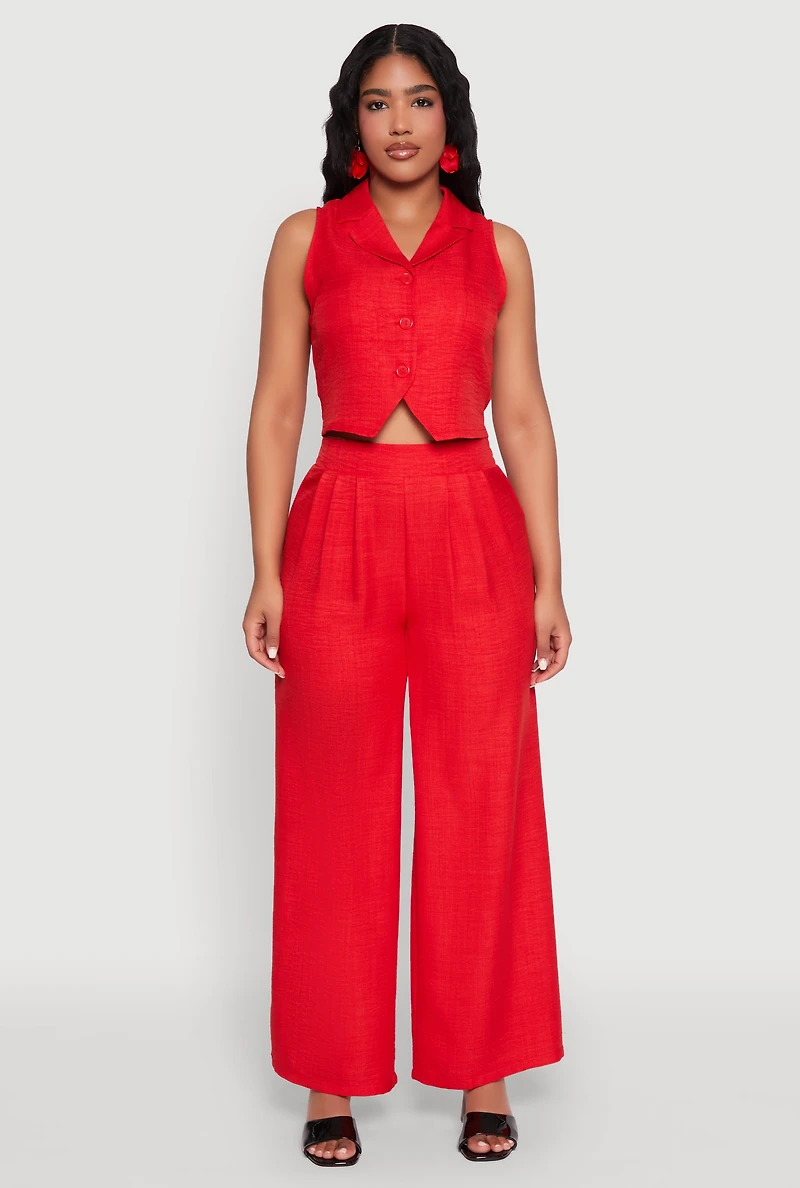 Womens Collared Button Front Cropped Blazer Vest, Red, Size M