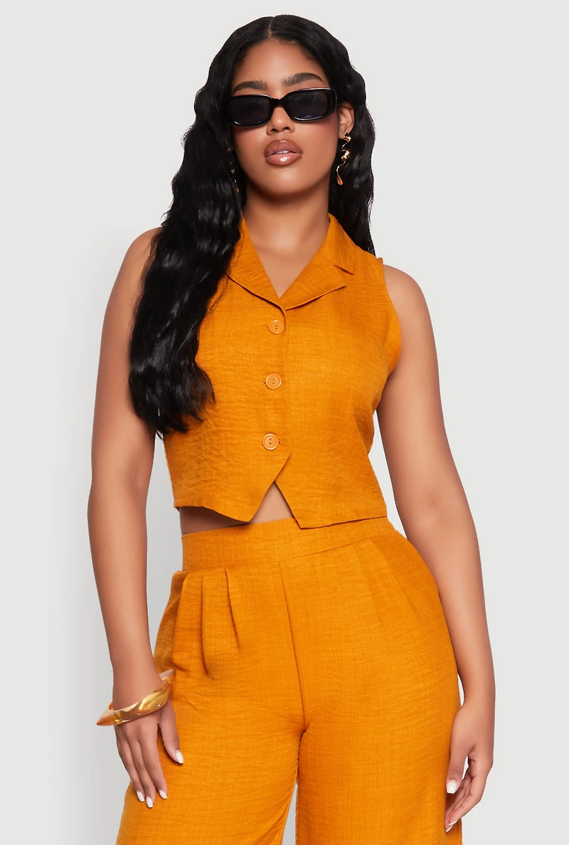 Collared Button Front Cropped Blazer Vest