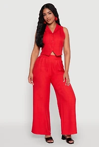 Womens High Waisted Pleated Palazzo Pants, Red, Size L