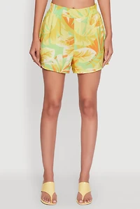 Womens Trendy High Waisted Floral Leaf Print Crepe Knit Shorts, Green,