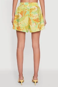 Womens Trendy High Waisted Floral Leaf Print Crepe Knit Shorts, Multi, Size M