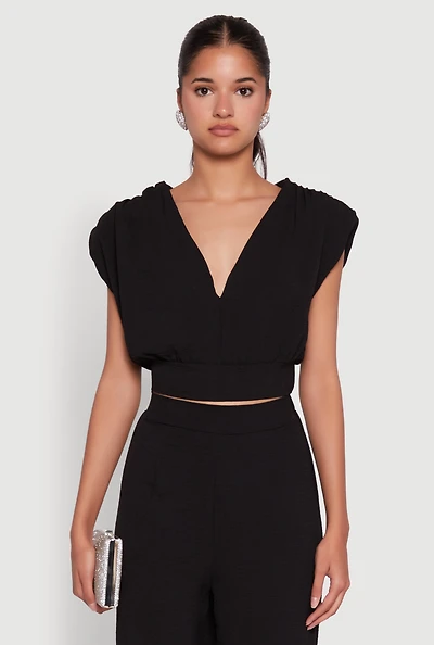 Womens Chic Crepe Knit Blouse with Padded Shoulders and Tie Back, Black, Size S