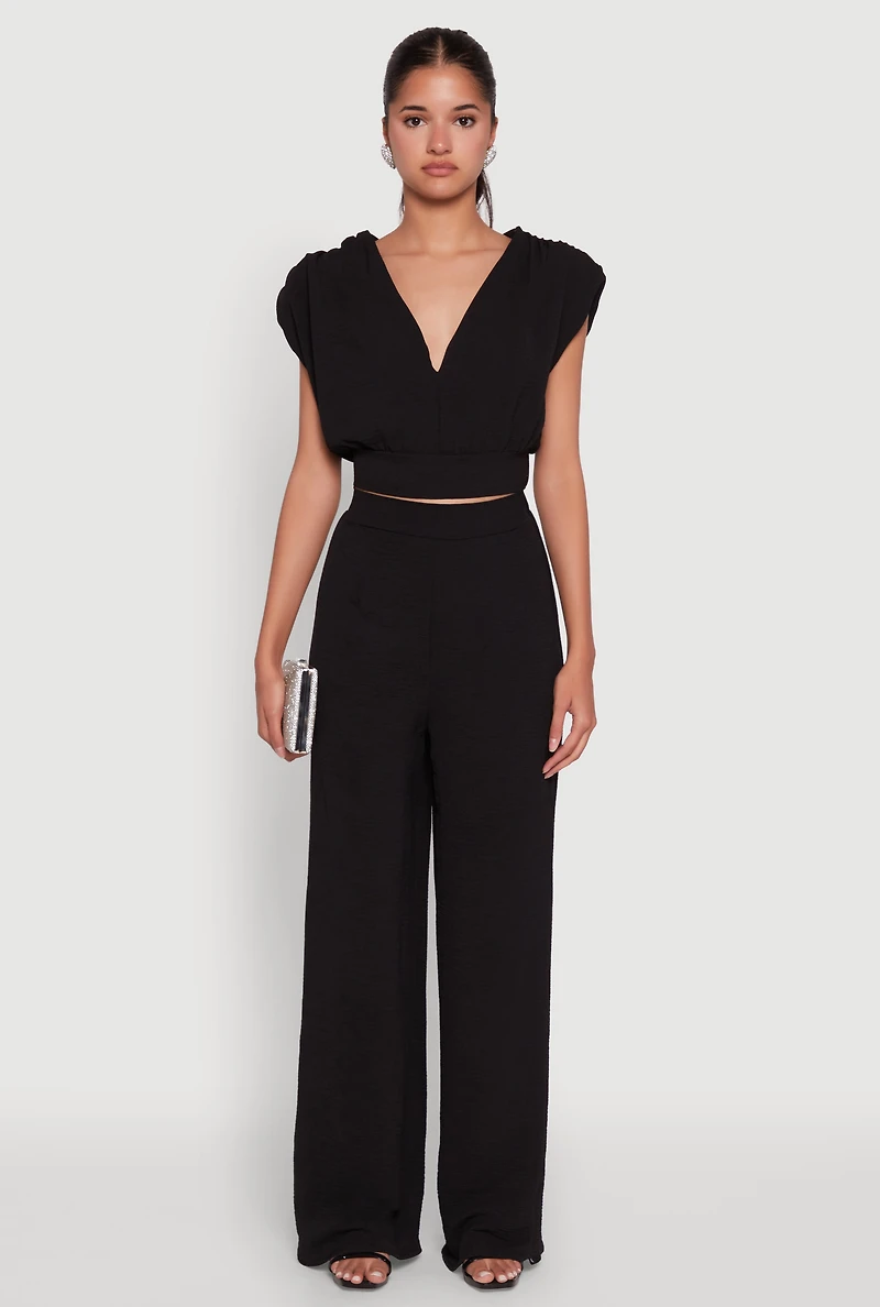 Womens Chic Crepe Knit Blouse with Padded Shoulders and Tie Back, L