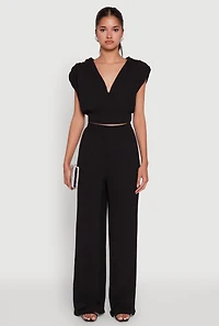 Womens Chic Crepe Knit Blouse with Padded Shoulders and Tie Back, L