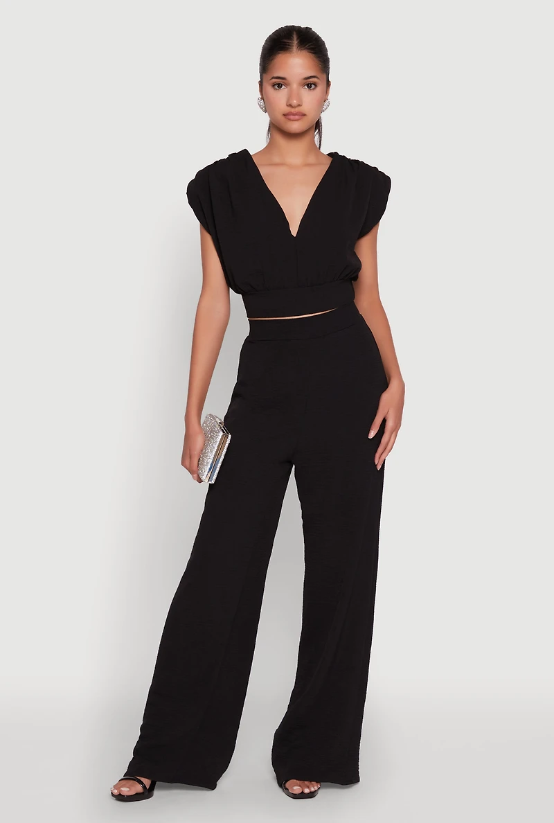 Womens Chic Crepe Knit Blouse with Padded Shoulders and Tie Back, L
