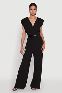 Womens Chic Crepe Knit Blouse with Padded Shoulders and Tie Back, L
