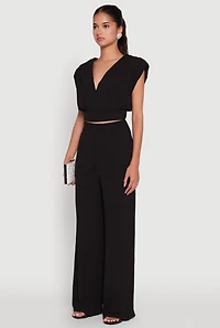 Womens Chic Crepe Knit Blouse with Padded Shoulders and Tie Back, L