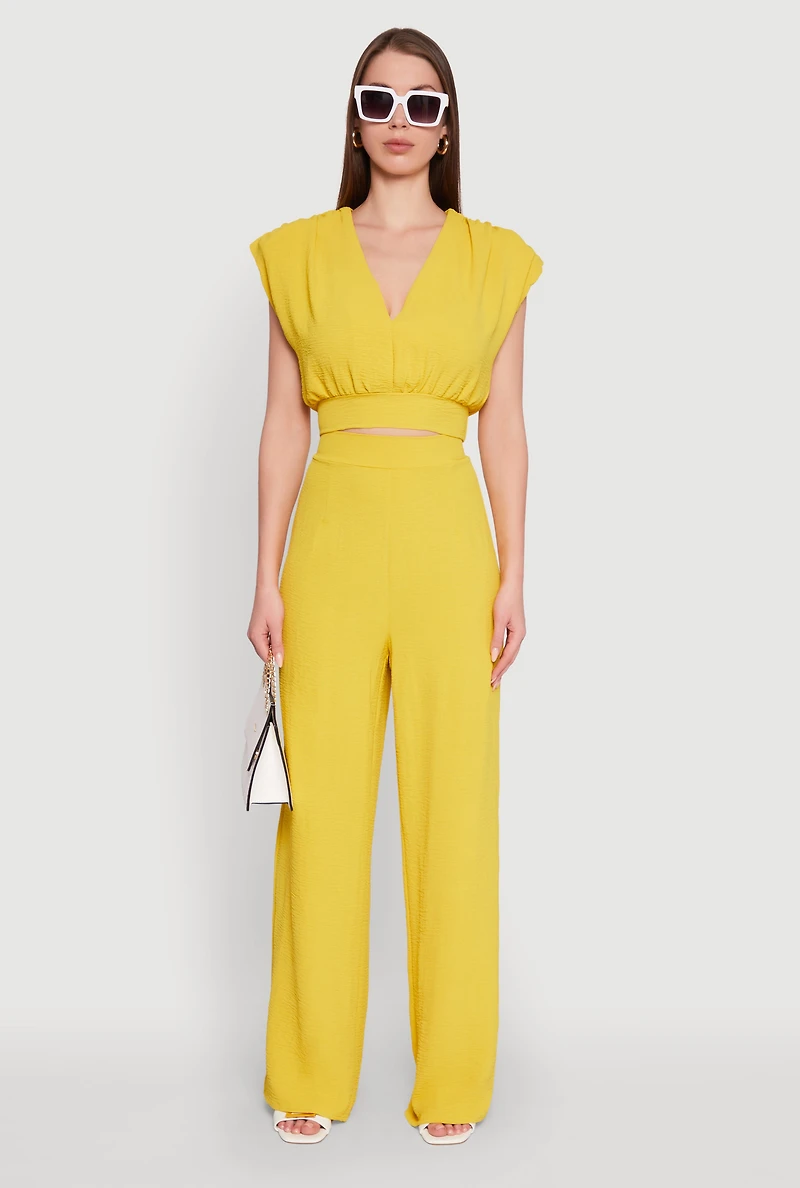 Womens Chic Crepe Knit Blouse with Padded Shoulders and Tie Back, Yellow, Size L