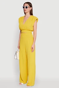 Womens Chic Crepe Knit Blouse with Padded Shoulders and Tie Back, Yellow, Size L