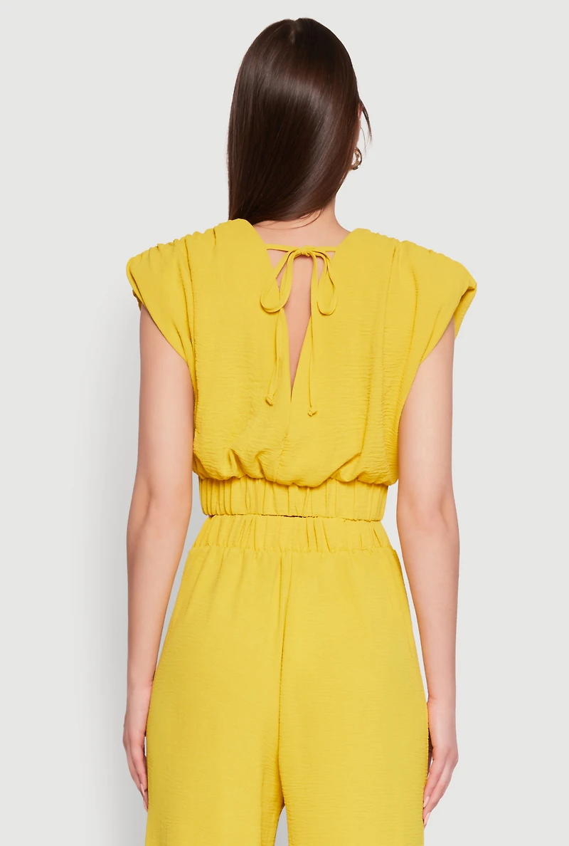 Womens Chic Crepe Knit Blouse with Padded Shoulders and Tie Back, Yellow, Size L
