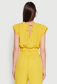 Womens Chic Crepe Knit Blouse with Padded Shoulders and Tie Back, Yellow, Size L