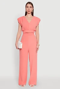 Womens Chic Crepe Knit Blouse with Padded Shoulders and Tie Back, Pink, Size L