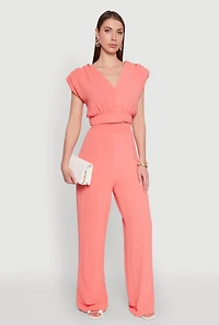 Womens Chic Crepe Knit Blouse with Padded Shoulders and Tie Back, Pink, Size L