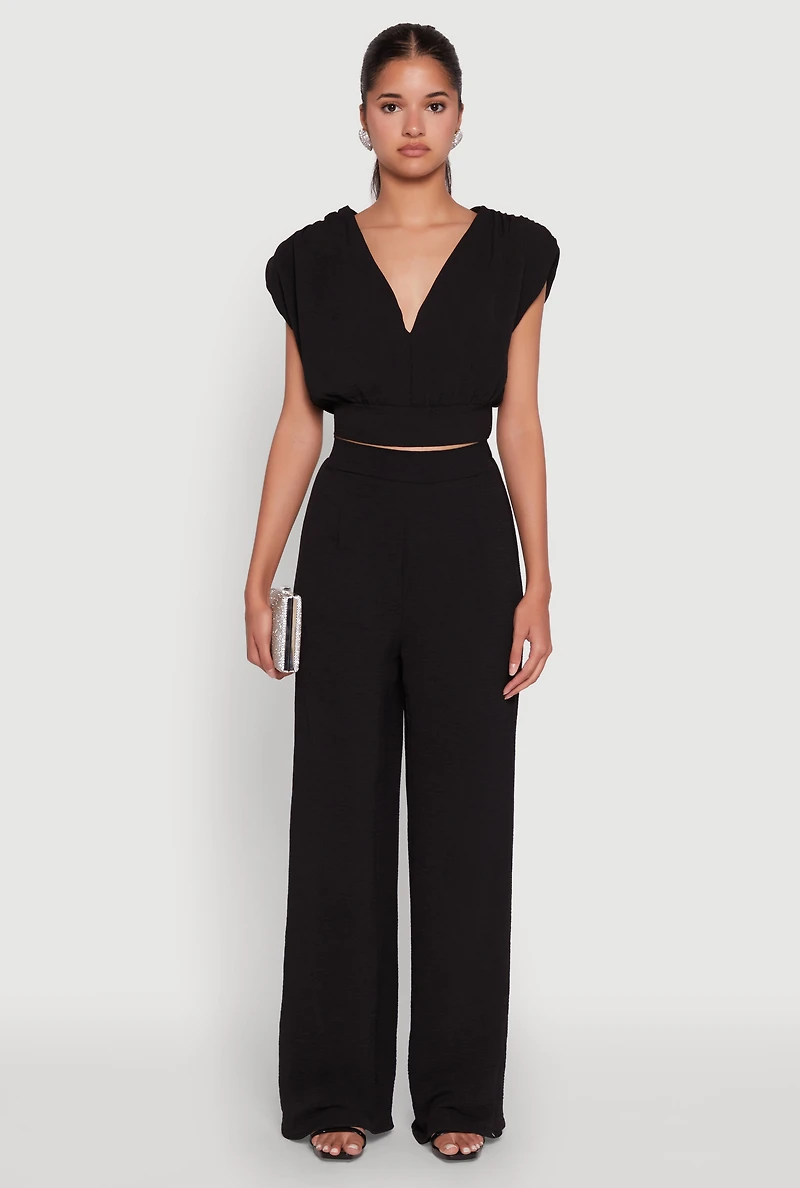 Womens Chic Crepe Knit High Waisted Wide Leg Dress Pants,