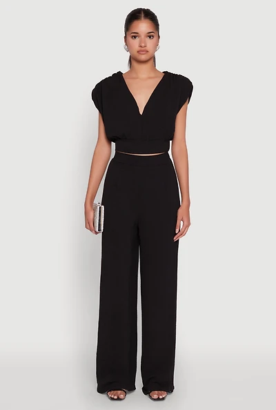 Womens Chic Crepe Knit High Waisted Wide Leg Dress Pants,