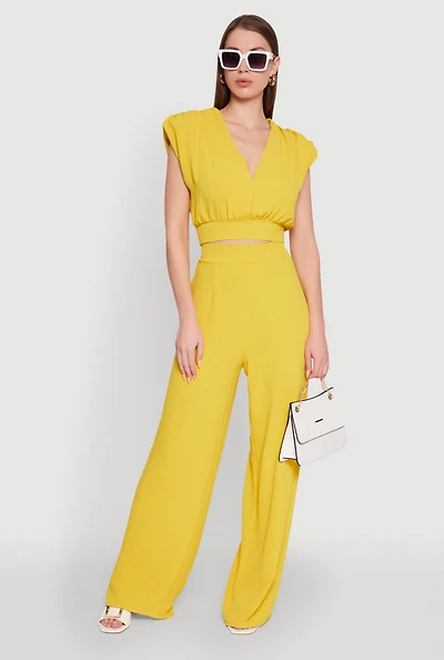 Womens Chic Crepe Knit High Waisted Wide Leg Dress Pants, Yellow,