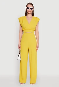 Womens Chic Crepe Knit High Waisted Wide Leg Dress Pants, Yellow,