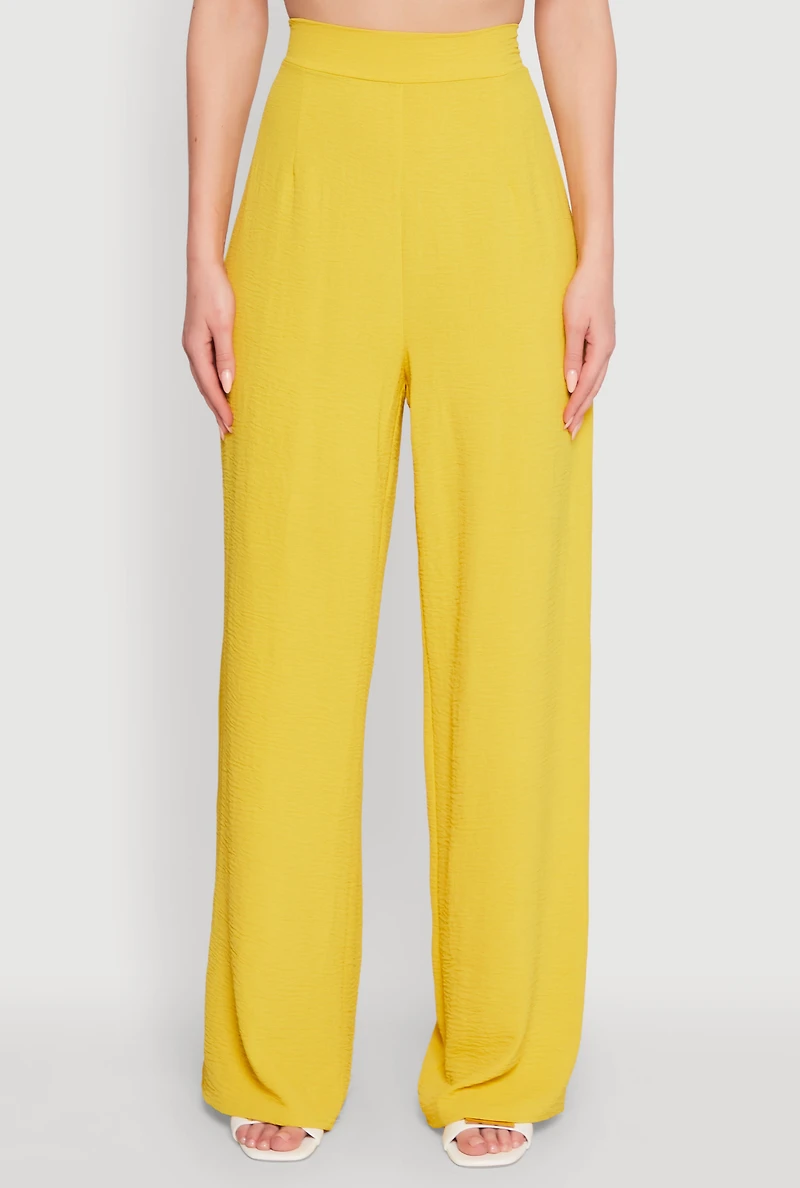 Womens Chic Crepe Knit High Waisted Wide Leg Dress Pants, Yellow,