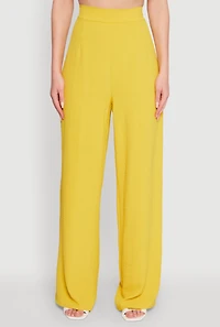 Womens Chic Crepe Knit High Waisted Wide Leg Dress Pants, Yellow,