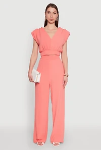 Womens Chic Crepe Knit High Waisted Wide Leg Dress Pants, Pink,