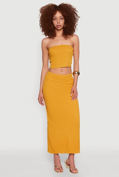 Womens Lettuce Edge Textured Knit Skirt, Yellow, Size L