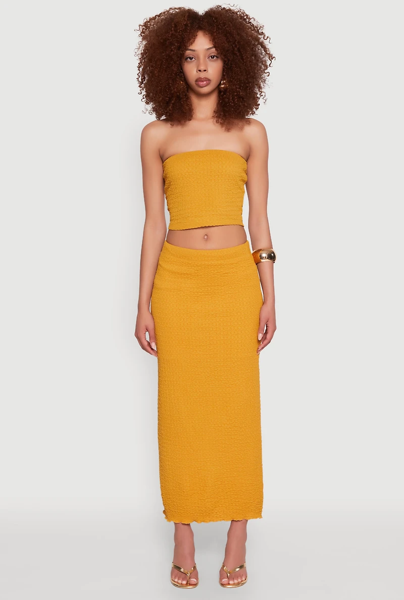Womens Lettuce Edge Textured Knit Skirt, Yellow, Size L