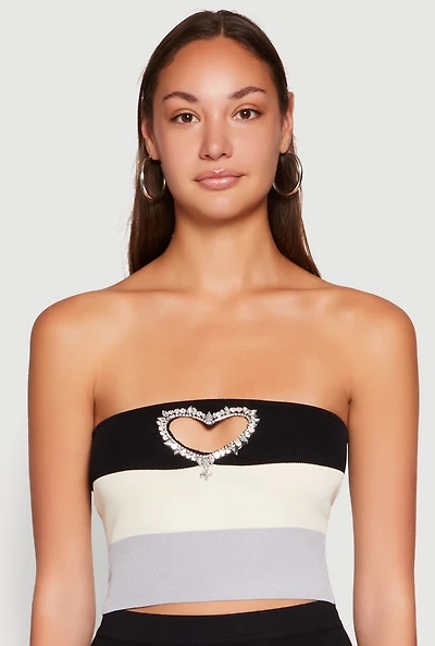 Womens Striped Rhinestone Heart Keyhole Tube Top, Multi,