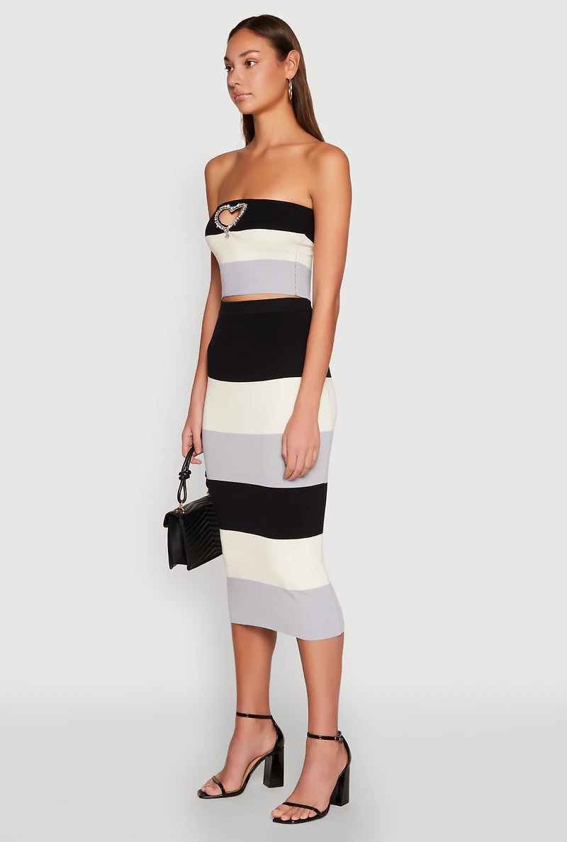 Womens Striped Rhinestone Heart Keyhole Tube Top, Multi,