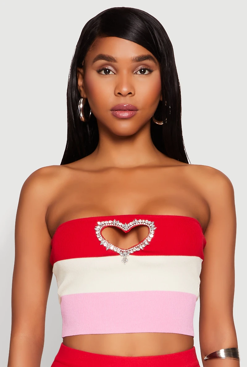 Striped Rhinestone Heart Keyhole Tube Top