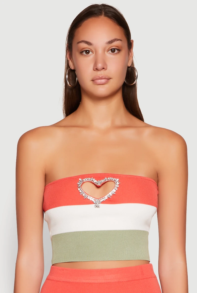 Striped Rhinestone Heart Keyhole Tube Top