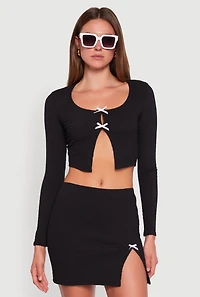 Womens Textured Knit Cropped Blouse with Slit Front, Black, Size S