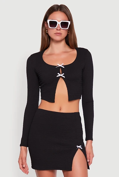 Womens Textured Knit Bow Crop Top with Slit Front,